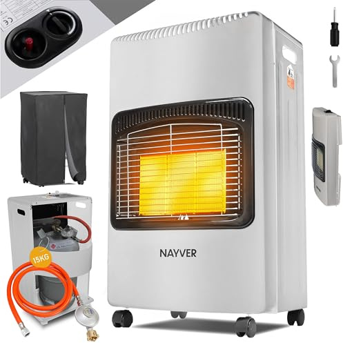 NAYVER® Gasheizung 4200 Watt Heizstrahler, weiß | Gasofen mit Keramik Gasheizer, inkl. Gasdruckregler und Gasschlauch, Infrarot Keramikbrenner
