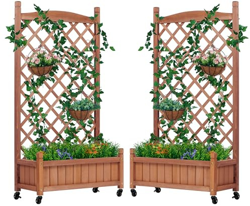 Raised Garden Bed with Trellis Set of 2, Outdoor Wood Planter Box & Plant Stand with Climbing Racks
