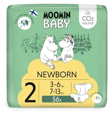 Moomin Baby Neugeboren Öko Windeln Größe 2, 3-6 kg 56 Stück, Weiche Premium Windeln mit Nässeindikator | Weich und hautfreundlich, Keine unnötigen Chemikalien |