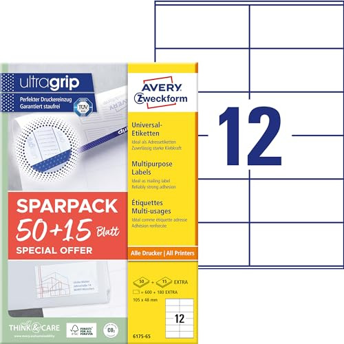 AVERY Zweckform 6175-65 - Adesivi per indirizzi (600 più 180 etichette adesive extra, 105 x 48 mm su A4, carta opaca, etichette per il mittente stampabili, etichette autoadesive con ultragrip), 65