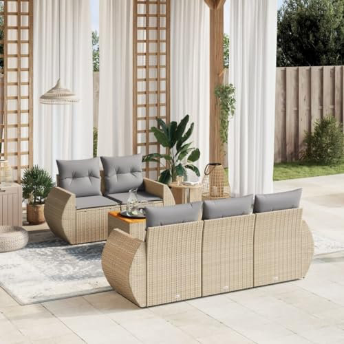 Rantry 6-TLG. Gartenmöbel Set mit Kissen Gartensofa Gartenlounge Balkonmöbel Loungesofa Ecklounge Ecksofa Sitzgruppe mit Gartentisch Loungemöbel Beige Poly Rattan