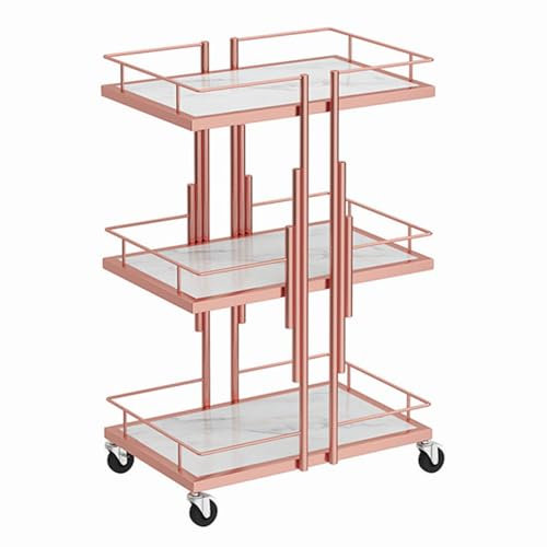 NISMIA Chariot de Bar à 3 Niveaux, etagère pour Ongles et Cils d'institut de beauté, Chariot de Service Moderne avec roulettes, pour Cuisine, Salle de Bain,Rose Gold,45 * 30 * 75cm