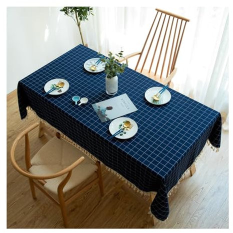 Lieson Rechteckige Tischdecken 140x200 cm, Baumwolle Leinen Tischwäsche Abwaschbar Stickerei Kariert Muster mit Quasten Tischdecke für Couchtisch, Gartentisch, Dunkelblau