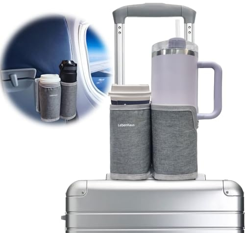 LebenHaus 2 in 1 Luggage Cup Holder for Suitcase Airplane Cup Holder for Tray Table Drink Carrier for Stanley Tumblers Coffee Beverage Organizer Luggage Drink Holder Travel Gifts for Women (Gray)
