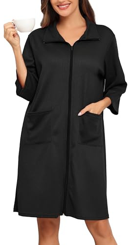 Lovasy Kimono Corto da Donna con Cerniera Accappatoi in Maglia Waffle Vestaglia kimono Morbido e Leggero al Ginocchio Accappatoio con tasche A Nero M