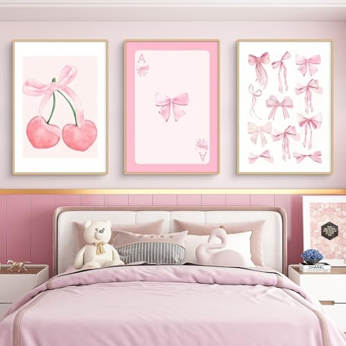 Viusneun 3er Rosa Poster Set, Ästhetische Rosa Fliege Kirsche Wandbilder, Leinwand Bilder Set für Schlafsaal Teen Mädchen Zimmer Deko,Ohne Rahmen (40x50cm)