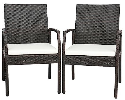 KOMFOTTEU Rattan Gartenstuhl 2er Set, Rattanstuhl mit Armlehnen & Rückenlehne, Terrassenstuhl mit abnehmbarem Kissen, Balkonstuhl bis 180 kg belastbar für Garten, Terrasse, Balkon