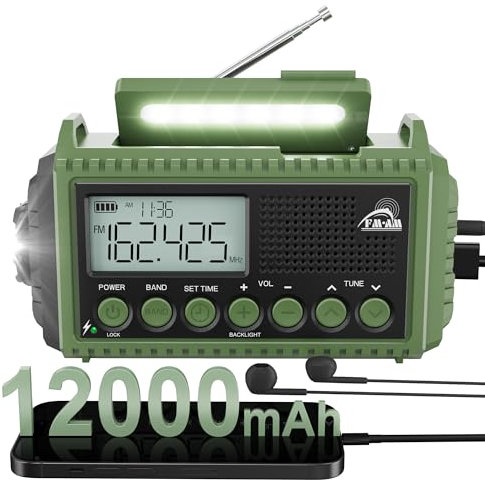 Radio Emergencia 12000mah, FM/Am/SW Radio Portatil Solar Dinamo, Bateria Recargable, Lámpara Lectura, Linterna, SOS, USB/Tipo C, Resistente a La Lluvia, Al Viento y a Los Golpes