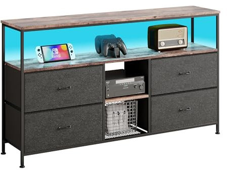 Ravas LED Lowboard Fernsehschrank für TV 65 Zoll,137 * 30 * 78cm TV-Schrank mit offenen Ablageflächen und 4 Schubladen,Fernsehtisch mit LED-Farbwechsel & Holz TV-Regal, TV Tisch, TV Möbel