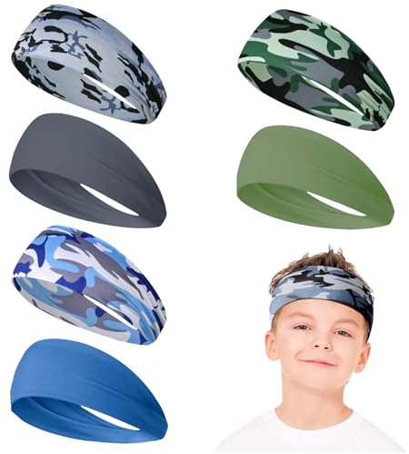 BelleVive 6 stycken sportpannband för barn, sportpannband, fukttransporterande svettband, ventilerande, elastiskt pannband för fotboll, flerfärgat, L