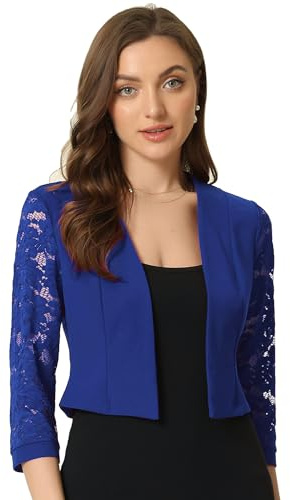 Allegra K, top coprispalle in pizzo per donna, con parte anteriore aperta, da lavoro e ufficio, a maniche 3/4, bolero smanicato in pizzo floreale, Blu reale, M
