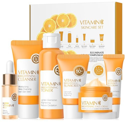 Set de Cuidado Facial Vitamina C 6 Piezas, Kit Skincare Facial Vitamina C con Limpiador Tónico Suero Crema Protector Solar, Set Cremas Mujer Regalo, para Adolescentes y Mujeres