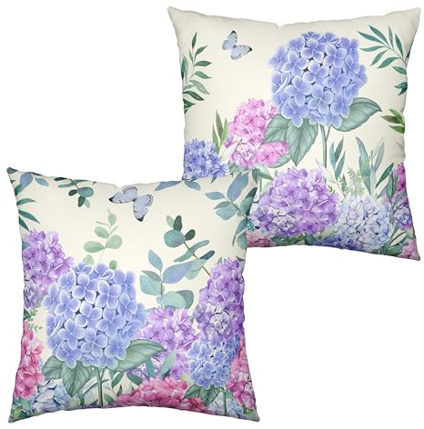 Kwlegh Set di 2 federe per cuscini con ortensie, 45 x 45 cm, fiori primaverili, per esterni, blu, viola, ortensia, eucalipto, in cotone e lino, per divano, patio esterno