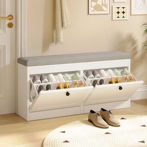 VOWNER Shoe Bench 2 Flip Drawers Shoe Storage Bench Adjustable Shelves | White entryway shoe bench for hallway and living room with adjustable storage for everyday organization.