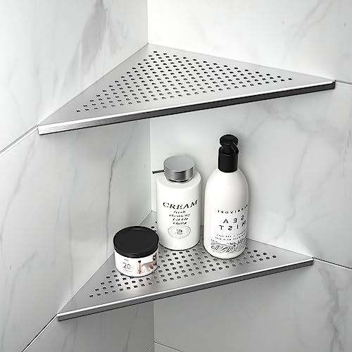 Bernkot Eck-Duschregal, Duschablage aus 304 Edelstahl für geflieste Wände | Badezimmerregal aus Stahl mit Gitterdesign, 305 mm Einbauregal für die Badrenovierung (2 Stücke, gebürstet)