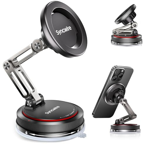 SYNCWIRE for MagSafe Car Mount [3-Axis] Nano Adhesive Gel + Strong Suction Cup Magnetic Phone Holder for Dashboard & Windscreen, 360° Rotatable for iPhone 17 16 15 14 13 12, Samsung, Matte Black