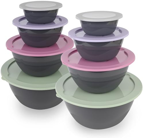 PROFUN Ensaladera con tapa, juego de cuencos grandes con tapa, cuenco para mezclar, cuenco de plástico, recipientes apilables, 8 unidades