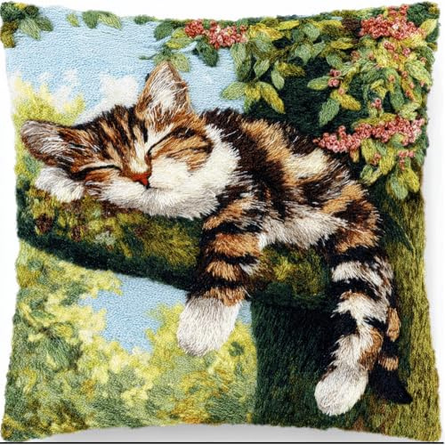 Taxpy 43Cmx43Cm Für Kinder Und Erwachsene, Katze Im Freien Baum Schlafen Diy Tier Landschaft Knüpfkissen Stickkissen Knüpfset Mit Bedruckter Leinwand Knüpfpackung Zum Selber Knüpfen Teppich Latch