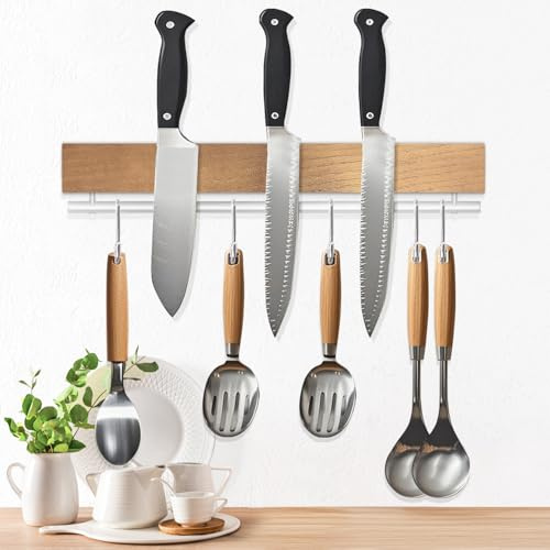 Dmore Barra magnética para cuchillos con 5 ganchos, soporte magnético de madera de 30 cm, soporte magnético para cuchillos con imán extrafuerte, incluye cinta adhesiva y tornillos