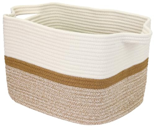 Cesta de almacenamiento HMF con asas alargadas, cesta de algodón | 36 x 30 x 25 cm | Blanco-Marrón