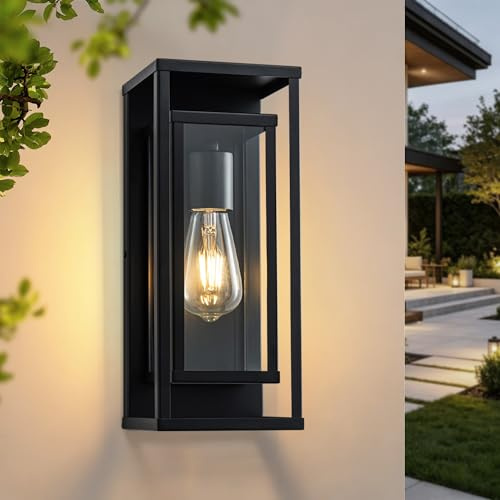 FTL Klassischer Wandleuchte Außen, Rechteck Aussenlampe Wand, Mattschwarz Metallrahmen Außenwandlampe IP44 wasserdich, E27 Aussenleuchten Hauswand, Terrasse Außenlampe Wand Laterne für Veranda, Garten