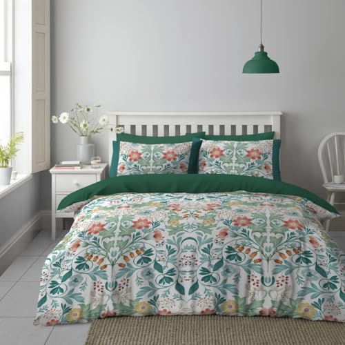 Lions Double Bed Bedding Sets - 100% Polyester Reversible Printed Pattern Quilt Duvet Cover with Pillowcase, Soft Floral Leaf Pattern, Bed Linen, Green