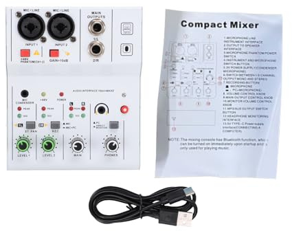 Audio-Mixer-Soundboard, 2-Kanal-DJ-Sound-Controller, Phantomspeisung, MP3-AUX-Ausgang, DJ-Mixer, Audio-Reverb-Effekt, Bluetooth-Studio-Audio-Mixer für Anfänger und Studio (Weiß)