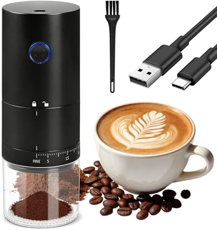 Focenat Molinillo de Café Eléctrico Portátil, Molinillo de Cafe con Mecanismo de Cerámica, 38 Ajustes Ajustables, USB Recargable, Molinillo de Semillas o Especias para Hogar, Oficina, Viajes