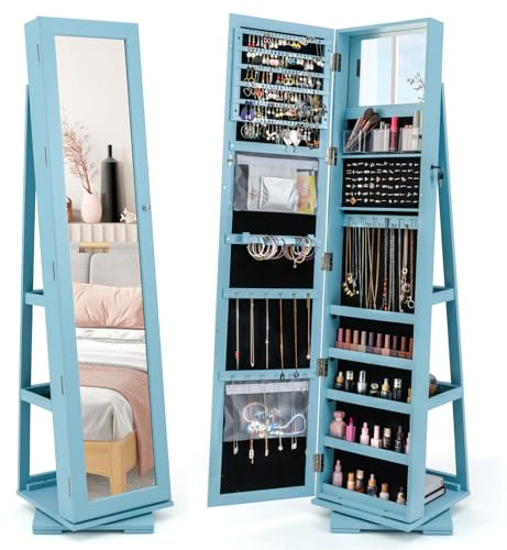 GOPLUS 3 in 1 Schmuckschrank mit spiegel, Spiegelschrank stehend, 360°drehbar, abschließbar, Standspiegel Schmuck Organizer mit großem Stauraum & Ablagefächern für Schlafzimmer (Blau)