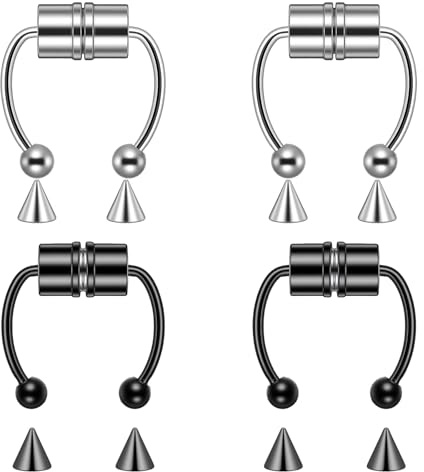 4 PCS 16g Fake Septum Piercing - Silver＆Black Horseshoe Fake Nose Rings