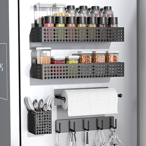 Draome 5er Magnet-Küchenregal für Kühlschrank mit Gewürzhalter & Haken | 5 Set ohne Bohren: Inkl. Gewürzregalen, Papiertuchhalter, Besteckkorb & flexiblen Haken. Starker Magnet, platzsparend