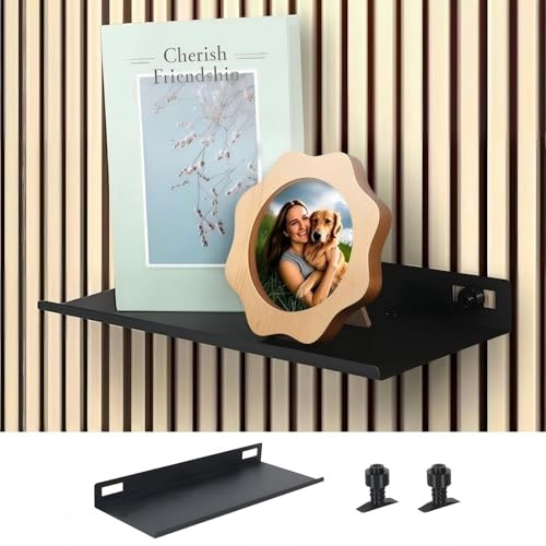 BTSAE Regal für Akustikpaneele ohne Bohren, Schwarz Metall Wandregal, Akustikpaneele Zubehör, Akustikpaneele Regal, Schweberegal für Wohnzimmer, Schlafzimmer, Büro, Küche (ohne Bohren, 25×10cm)