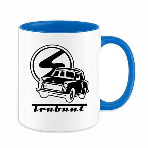 Trabant Tasse | Geschenkidee Ostdeutschland Kaffeetasse - Kaffeebecher mit Trabant Logo – DDR Kultauto | M2 Weiß-Blau