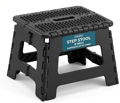 HomlyPro Folding Step Stool 9 Inch Heavy Duty 250 lbs Capacity Black, Portable Collapsible Stool with Carry Handle, Anti-Slip Surface for Adults & Kids, Kitchen Bathroom Camping