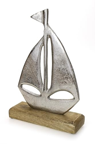 TEMPELWELT Deko Figur Boot Segelboot 22 cm, Metall Alu Silber Mango Holz massiv Natur braun, Dekoboot maritimer mediterraner Bootaufsteller Baddeko Sommer