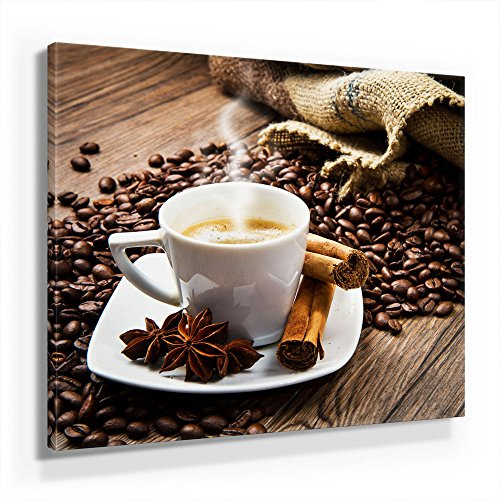 BilderKing Küchen Bild D250, 1 Teil 50x50cm Leinwand auf Holzrahmen aufgespannt, FineArt Print, UV-stabil und wasserfest, Kunstdruck für Büro oder Wohnzimmer, Deko Bild, Kaffee Frühstück