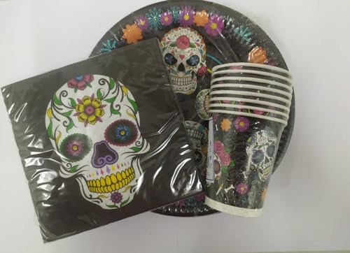 CAPRILO. Lote de Vajilla Decorativa Catrina-Calaveras (40 Vasos, 40 Platos y 48 Servilletas) .Detalles y Regalos para Fiestas de Halloween, Cumpleaños, Bodas, Bautizos y Comuniones.