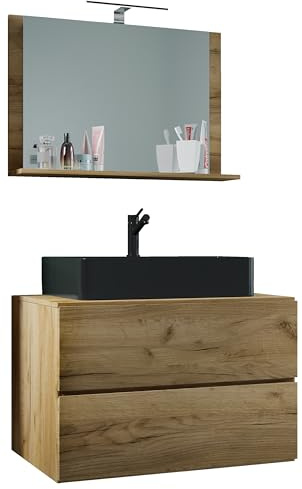 VCM 3-TLG. Waschplatz Waschtisch Badmöbel Set Waschbecken Lendas M Schublade 80, Honig-Eiche
