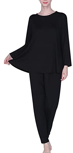 amropi Pigiama Donna Oversize Set da Pigiami Manica Lunga Maglietta e Pantaloni Camicia da Notte Nero,4XL