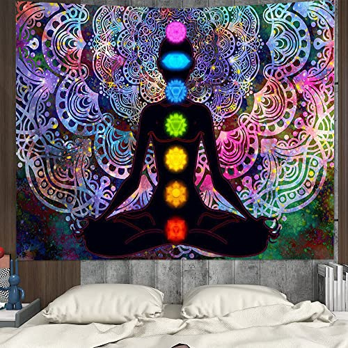 Bssowe Yoga Mandala Wandteppichs, Bunter Mandala Wandteppichs, Sieben Chakra Wandteppiche, Bunt Wandteppichs mit Installationskit, für Schlafzimmer Wohnzimmer Wohnheim, Studio Zimmer Dekor