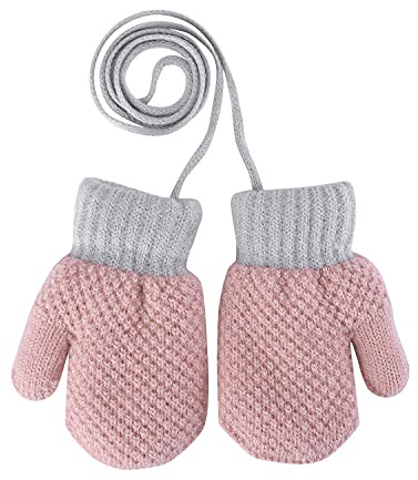 Qchomee Toddler Baby Cute Knitted Gloves with String Warm Mittens Girls Hanging Neck Full Finger Mittens Winter Thicken Warm Cashmere Lining Gloves for Kids Age 1-3 (Pink)