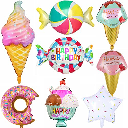 Kiwochy Candy Ice Cream Donut Foil Balloons Set Candy Lollipop Party Donut Ballons décoration d'anniversaire Ballons décoration d'anniversaire thème crème glacée pour décoration d'anniversaire filles