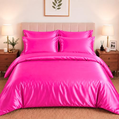CHARKHAH Satin Silk 6 Piece Complete Bedding Set Durable Silky Fabric with Single Double King Size Bed Fitted Sheet Duvet Cover Comforter and 4 Pillow Cases (Double, Fuchsia-Pink)