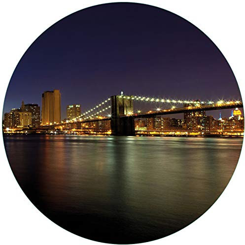 Wallario Glasbild rund New York Skyline - Brooklyn Bridge und Manhattan am Abend - Rund, 50 cm Durchmesser Wandbild Glas in Premium-Qualität: Brillante Farben, freischwebende Optik