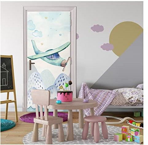 Türtapete Kinderzimmer Flugzeug - 91x211 cm einteilig - Türposter Selbstklebend Fototapete für Tür Türaufkleber Türfolie UV-Beständig Montagefertig