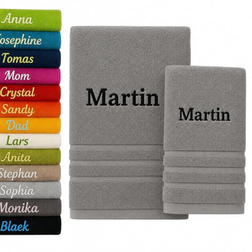 Pet-Jos 2er Pack Personalisiertes Handtuch und Badetuch mit Namen Schön gestickter Name Handbadetuch 100 % Baumwollhandtuch 50 x cm + 140 70 Personalized Custom Towel with (Grau)