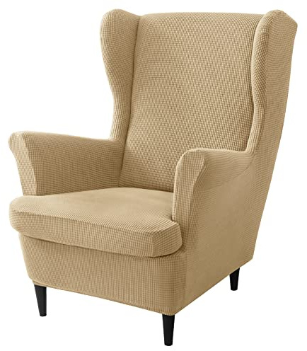 JHLD 2 Stück Stretch Husse für Ohrensessel, Weiche Jacquard Schonbezug Mit Elastischem Boden Sesselbezug für Wohnzimmer - Khaki