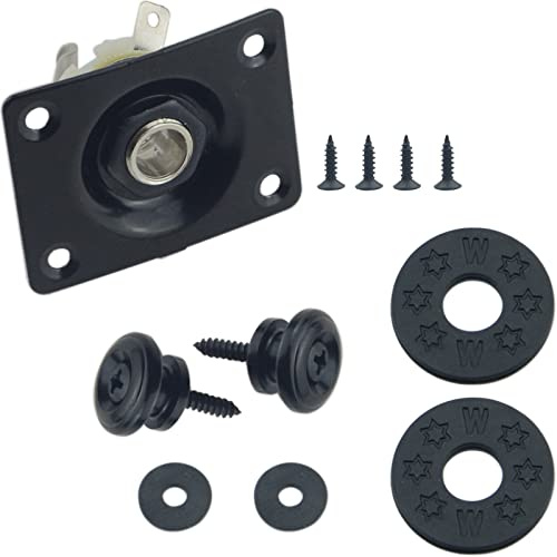 Wwomusic 1/4(6.35mm) Black Guitar Input Jack Output Plate Jackplate Socket for LP Les Paul Style Electric Guitar,2 PCS Guitar Strap Buttons with Strap Blocks