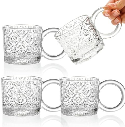 AVLA 4 Pack Vintage Glass Coffee Mugs, 8 OZ Clear Embossed Tea Cups, Transparent Drinking Glassware with Large Handle, Mocha Hot Beverage Mugs for Cappuccino, Latte, Americano, Juice, Yogurt
