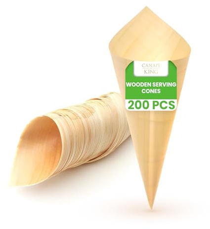 Disposable Wooden Serving Cones 200 Pcs |100% Biodegradable Ice Cream Snacks BBQ Holder (7cm Diameter x 13cm Depth) | Suitable for Christmas Weddings Parties Food Takeaway